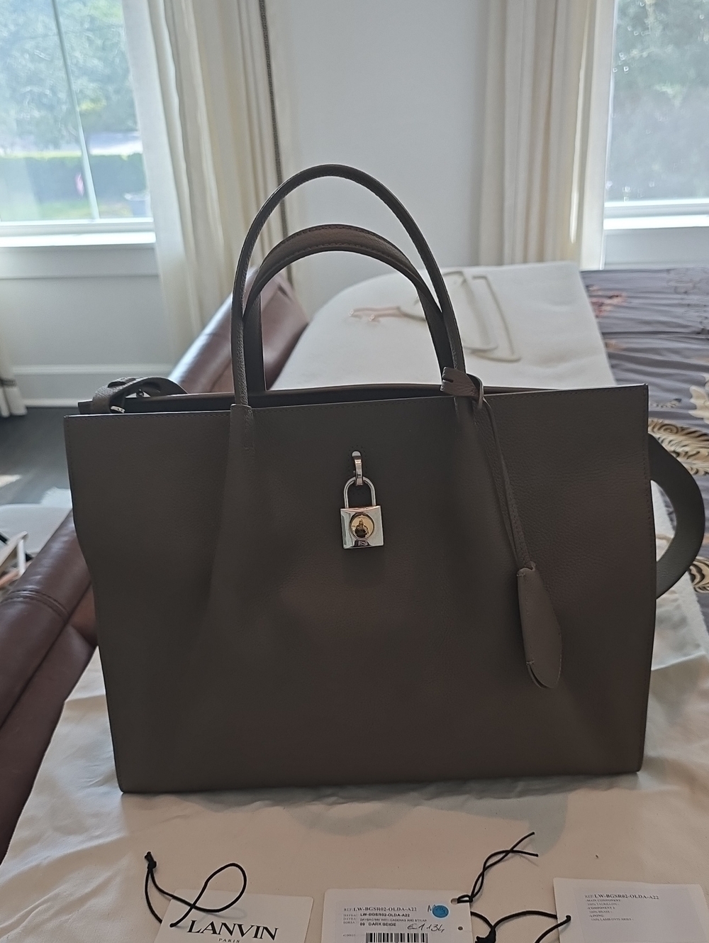Lanvin Dark Beige Leather Tote with Padlock Accent